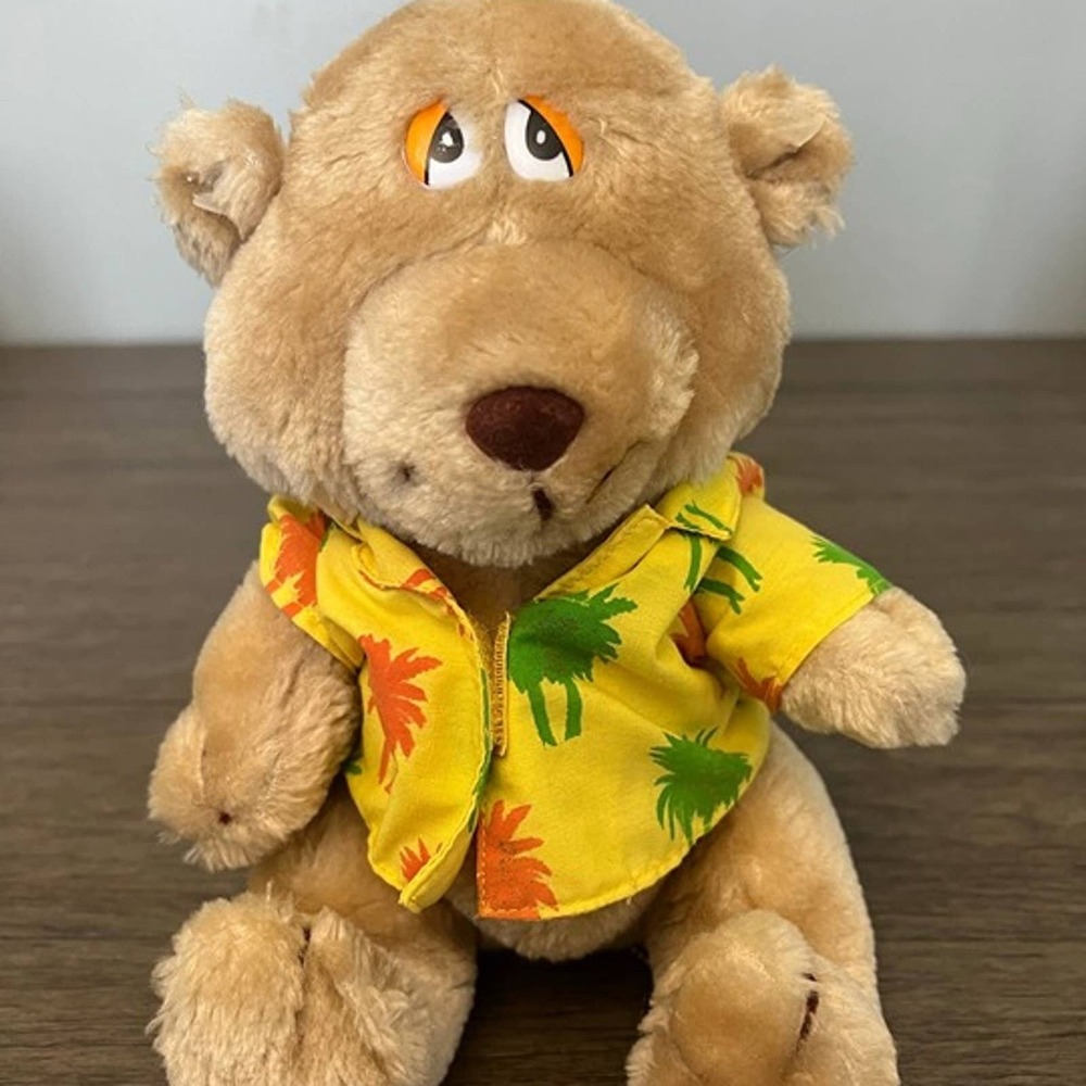 Vintage Russ Berrie Hawaiian Shirt Bear Plush Tropical Yellow Palm Tree Teddy